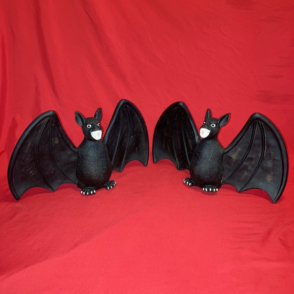 2 - Vintage Large Scary Black Bats Rubber Flying/Standing / Halloween Prop Decor